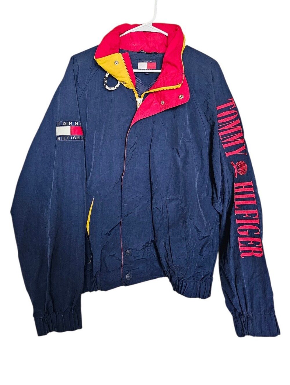 Y2k Vintage Tommy Hilfiger Navy Jacket with Red Collar & Sleeve Logo